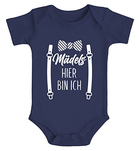 MoonWorks® Baby Body Fliege mit Spruch lustig Mädels Hier Bin ich Bio-Baumwolle Jungen & Mädchen Navy 6-12 Monate von MoonWorks