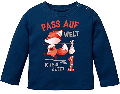 MoonWorks® Baby Langarm-Shirt 1. Geburtstag Pass auf Welt ich Bin jetzt 1 2 Fuchs Geburtstagsshirt Bio-Baumwolle 1 Navy 92/98 (16-24-Monate) von MoonWorks