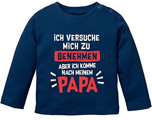 MoonWorks® Baby Langarm-Shirt Bedruckt mit lustigem Papa -Spuch Ich versuche Mich zu benehmen Babyshirt Jungen Mädchen Navy 68/74 (4-9 Monate) von MoonWorks