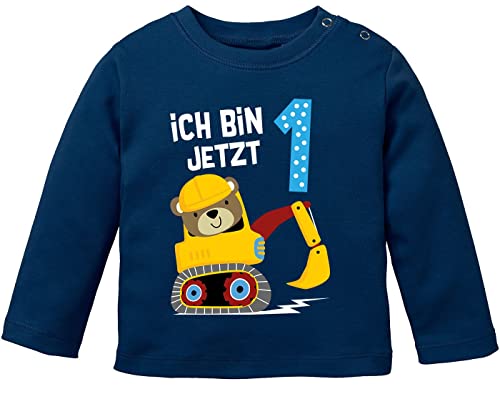 MoonWorks® Baby Langarm-Shirt erster | zweiter Geburtstag Bär Bagger Bauarbeiter Baggerfahrer Geburtstagsshirt Bio-Baumwolle Junge 1 Jahr Navy 68/74 (4-9 Monate) von MoonWorks