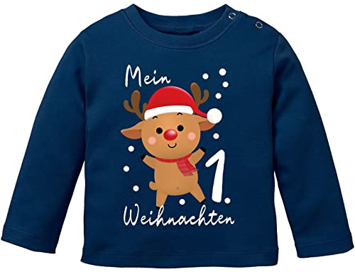 MoonWorks® Baby Langarmshirt Mein 1. Weihnachten Weihnachtsoutfit Spruch Grinch Rentier Jungen Mädchen Longsleeve Navy 68/74 (4-9 Monate) von MoonWorks