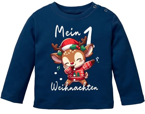 MoonWorks® Baby Langarmshirt Mein 1. Weihnachten Weihnachtsoutfit Spruch Grinch Rentier Jungen Mädchen Longsleeve Dabbing Rentier Navy 56/62 (1-3 Monate) von MoonWorks