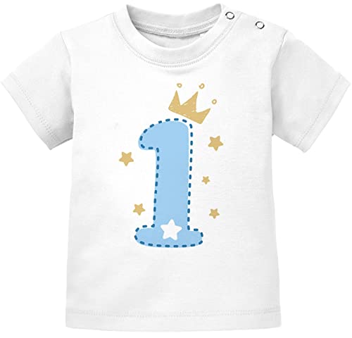 MoonWorks® Baby T-Shirt 1. Geburtstag, Zahl 1 BZW. 2 mit Krone und Sternen Geburtstagsshirt Kurzarm Bio-Baumwolle 1 weiß/blau 80/86 (10-15 Monate) von MoonWorks