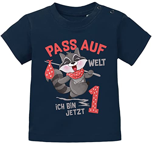 MoonWorks® Baby T-Shirt 1. Geburtstag Pass auf Welt ich Bin jetzt 1 Waschbär Geburtstagsshirt Kurzarm Bio-Baumwolle dunkelblau 92/98 (16-24-Monate) von MoonWorks