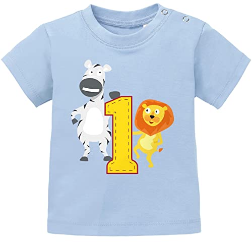 MoonWorks® Baby T-Shirt Kurzarm Babyshirt Geburtstag Eins 1 Jahr Geschenk Tiere lustig Jungen Mädchen Shirt hellblau 80/86 (10-15 Monate) von MoonWorks