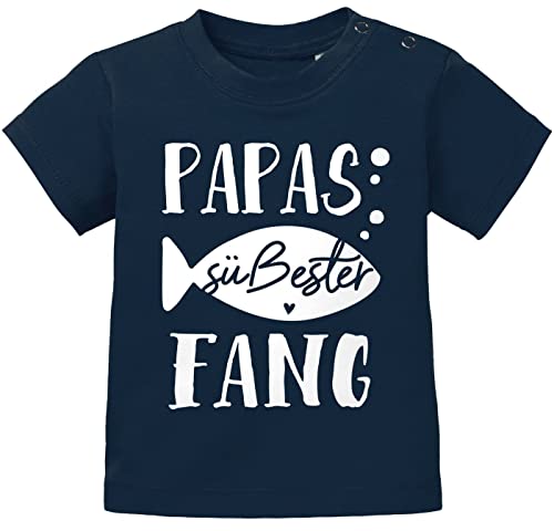 MoonWorks® Baby T-Shirt Kurzarm Spruch Papas süßester Fang Babygeschenke Baby-Shirt Jungen Mädchen Bio-Baumwolle dunkelblau 68/74 (4-9 Monate) von MoonWorks