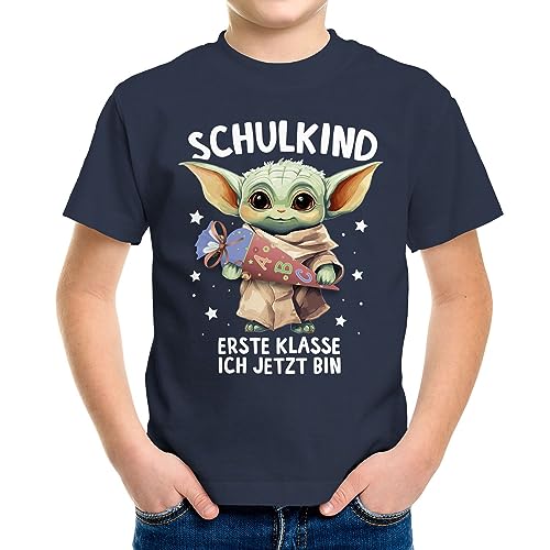 MoonWorks® Kinder Jungen T-Shirt Einschulung Baby Yoda Schulkind Erste Klasse ich jetzt Bin Spruch lustig Schulanfang Navy 110-116 (5-6 Jahre) von MoonWorks