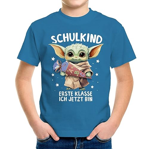 MoonWorks® Kinder Jungen T-Shirt Einschulung Baby Yoda Schulkind Erste Klasse ich jetzt Bin Spruch lustig Schulanfang Ozean-blau 110-116 (5-6 Jahre) von MoonWorks