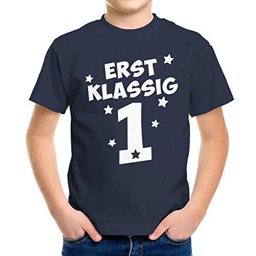 MoonWorks® Kinder T-Shirt Jungen Aufdruck erstklassig Zahl 1 Sterne Geschenk zur Einschulung Schulanfang Navy 122-128 (7-8 Jahre) von MoonWorks