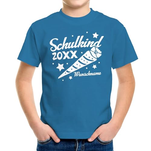 MoonWorks® Kinder T-Shirt Jungen Einschulung mit Namen und Jahreszahl Schulkind Schultüte personalisierbar Schulanfang Personalisierbar Ozean-blau 122-128 (7-8 Jahre) von MoonWorks