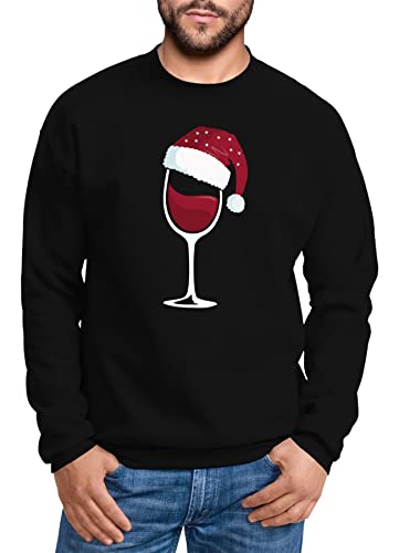 MoonWorks® Sweatshirt Herren Weihnachten Weinglas mit Weihnachtsmütze Weihnachtsmotiv Rundhals-Pullover schwarz L von MoonWorks
