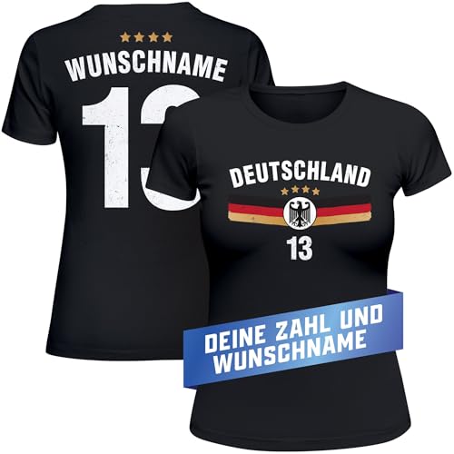 MoonWorks® T-Shirt Damen Deutschland Trikot Fontprint Backprint personalisiert mit Name Wunschzahl Fußball EM 2024 schwarz M von MoonWorks