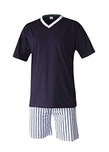 Moonline nightwear Herren Pyjama Schlafanzug kurz Herren Pyjama kurz Herren Shorty Schlafanzug aus 100% Baumwolle (XXXL/62-64, Oberteil Marine/Hose gestreift) von SUPTMAX