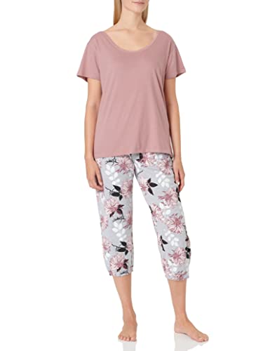 Moonline moderner und bequemer Damen Capri-Pyjama, aus 100% weicher Baumwolle, Capri-rosa-Blumen, Gr. L von Selente