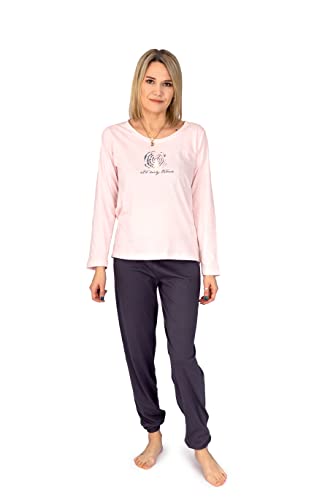 Moonline moderner und bequemer Damen Pyjama, aus weicher Baumwolle, Rosa/Anthrazit, Gr. L von Selente