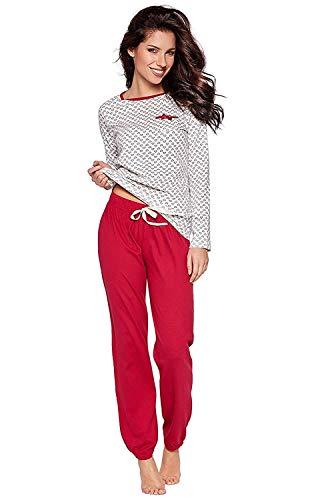 Selente Sweet Dreams moderner und bequemer Damen Schlafanzug, aus 100% Baumwolle, Creme-rot-Herzchen, Gr. S von Selente