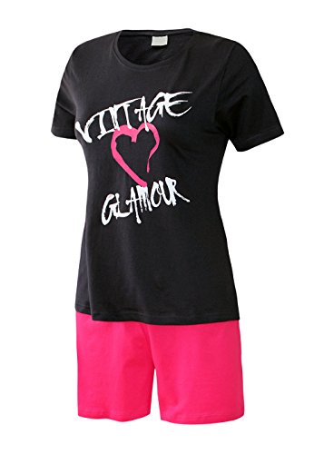 Moonline nightwear Damen Schlafanzug kurz Pyjama Damen kurz Sleepshirt Damen Shorty aus 100% Baumwolle Gr. S M L XL (S/36-38, Oberteil Marine mit Motivdruck/Short Uni rot) von Moonline nightwear