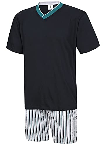 Moonline nightwear Herren Schlafanzug kurz Herren Pyjama kurz Herren Shorty Schlafanzug aus 100% Baumwolle (M/46-48, Oberteil Rauch blau/Hose gestreift) von Moonline nightwear