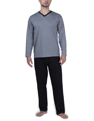 Moonline - Herren Schlafanzug lang aus 100% Baumwolle mit V-Ausschnitt und Streifen-Design, Farbe:grau, Größe:M von Moonline