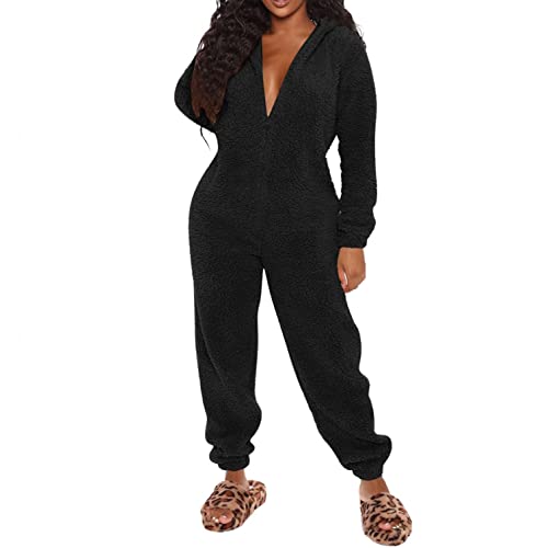 Mooyii Damen Jumpsuit Teddy Fleece Schlafanzug Einteiler Winter Warm Onesie Plüsch Kuschelig Overall Flauschig Hausanzug Lang Schlafoverall Weich Pyjama Schlafanzug mit Kapuze & Reißverschluss von Mooyii