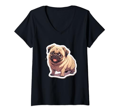 Damen Mops Mops Hund Hunde Hundeliebhaber Mops Sonnenbrille T-Shirt mit V-Ausschnitt von Mops Mops Hund