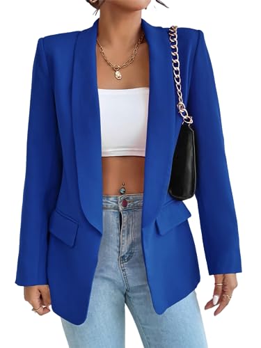 MorFansi Damen Blazer Revers Einfarbig Casual Cardigan Langarm Elegant Business Anzüge Jacke mit Tasche (Blau,M) von MorFansi