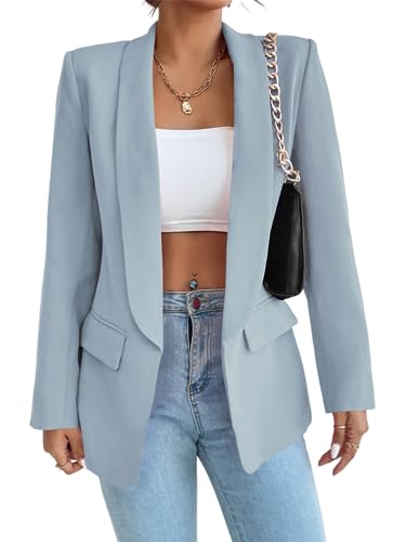 MorFansi Damen Blazer Revers Einfarbig Casual Cardigan Langarm Elegant Business Anzüge Jacke mit Tasche (Himmelblau,M) von MorFansi