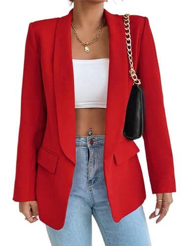 MorFansi Damen Blazer Revers Einfarbig Casual Cardigan Langarm Elegant Business Anzüge Jacke mit Tasche (Rot,XL) von MorFansi