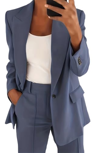 MorFansi Damen Hosenanzug 2 Teiler Elegant Business Anzug 2-Teilig Set Zweiteiler Slim Fit Blazer Hose Outfit Einfarbig Revers Casual Freizeitanzug Streetwear (Blau,5XL) von MorFansi