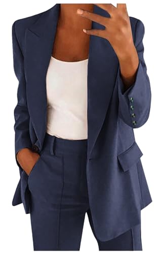 MorFansi Damen Hosenanzug 2 Teiler Elegant Business Anzug 2-Teilig Set Zweiteiler Slim Fit Blazer Hose Outfit Einfarbig Revers Casual Freizeitanzug Streetwear (Dunkelblau,M) von MorFansi