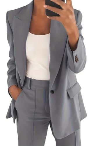 MorFansi Damen Hosenanzug 2 Teiler Elegant Business Anzug 2-Teilig Set Zweiteiler Slim Fit Blazer Hose Outfit Einfarbig Revers Casual Freizeitanzug Streetwear (Grau,M) von MorFansi