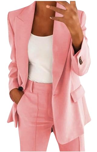 MorFansi Damen Hosenanzug 2 Teiler Elegant Business Anzug 2-Teilig Set Zweiteiler Slim Fit Blazer Hose Outfit Einfarbig Revers Casual Freizeitanzug Streetwear (Rosa,M) von MorFansi