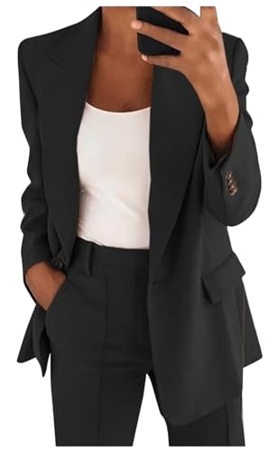 MorFansi Damen Hosenanzug 2 Teiler Elegant Business Anzug 2-Teilig Set Zweiteiler Slim Fit Blazer Hose Outfit Einfarbig Revers Casual Freizeitanzug Streetwear (Schwarz,L) von MorFansi