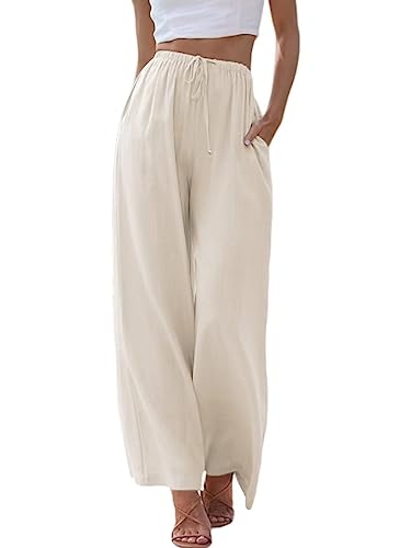 MorFansi Damen Sommerhose Baumwolle Leinen Weites Bein Hosen Flowy Palazzo Freizeithose Strandhose Yoga Jogginghose mit Taschen (Aprikose,3XL) von MorFansi