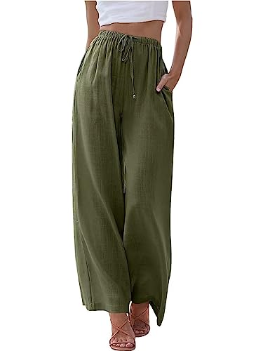 MorFansi Damen Sommerhose Baumwolle Leinen Weites Bein Hosen Flowy Palazzo Freizeithose Strandhose Yoga Jogginghose mit Taschen (Armeegrün,XL) von MorFansi