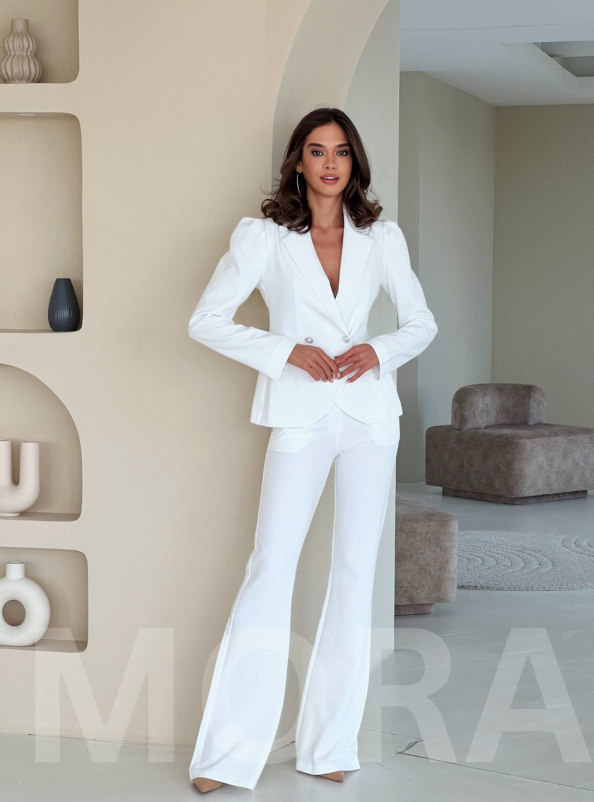 Große Frauen Weiß Bell Bottom Hosenanzug Set Mit Weißem Blazer, Puffärmel Blazer Für Frauen, Weißes Hosenset von MoraBrand