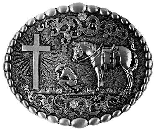 Moranse Religionskreuz, Cowboy, kniend, Gebet und Pferd, Gürtelschnallen - - Mitte von Moranse