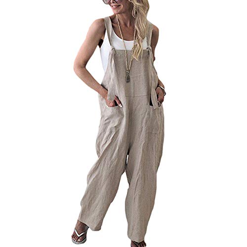 Morbuy Damen Frauen Retro Latzhose Lässig Insgesamt Baggy Jumpsuits, Leinen Taschen Playsuit Hose Lange Harem Casual Overalls Täglichen Trousers Pants (Aprikose,L) von Morbuy