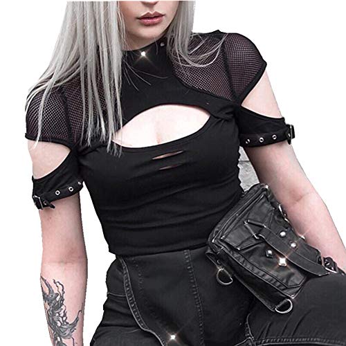 Morbuy Damen Shirt, Damen Gothic T-Shirt Punk Schwarz Bluse V-Ausschnitt Sexy Tops Cropped Renaissance Freizeit Halloween Party Kleidung (S,Schwarz) von Morbuy