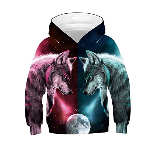 Morbuy Jungen und Mädchen Hoodie 3D Wolf und Tiger Gedruckt Kapuzenpullover, Unisex Kinder Casual Langarm Warm Sweatshirt mit Kapuze mit Taschen für 6-14 Jahre (L (145-150cm),Planet Wolf) von Morbuy