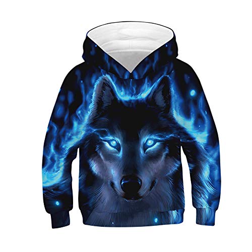 Morbuy Jungen und Mädchen Hoodie 3D Wolf und Tiger Gedruckt Kapuzenpullover, Unisex Kinder Casual Langarm Warm Sweatshirt mit Kapuze mit Taschen für 6-14 Jahre (XL(155-160cm),Blauer Wolf) von Morbuy