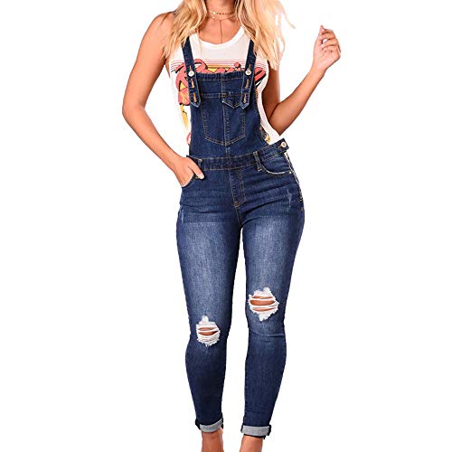 Morbuy Sommer Damen Skinny Latzhose, Mode Lang Jumpsuits mit Taschen Casual Loch Jeans Hosen Slim Fit Stretch Denim Casual Jeanshose Overalls Playsuit Hosenanzug (Dunkelblau,XL (Waist 32-33'')) von Morbuy