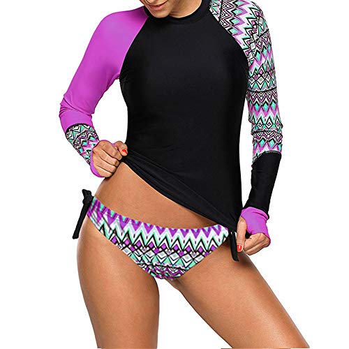 Morbuy Damen Langarm Rash Guard Bademode, Rashguard Sport Slim-Fit Surfen Badeanzug Schwimme Tankini mit Hospants Schwimmshirt Kurzarm UV Shirt Badeshirt (Lila,3XL) von Morbuy