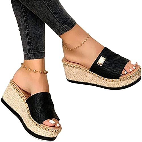 Morbuy Damen Gestickt Sandalen Slippers Sommer, Große Größe Retro Weben Sandaletten Hacke 5 CM Strand Keilabsatz Sandalen Peep Toe Schuhe Flachen Frauen Hausschuhe Römer Flip Flop (36,schwarz) von Morbuy