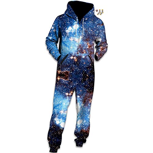 Morbuy Herren Jumpsuit Jogger, Blau Sternenhimmel Drucken Kapuzenpullover Strampelanzug 3D Printed Onepiece Sweatshirt Männer Strampler Weich Nachtwäsche Overall Trainingsanzug (L, Blauer Stern) von Morbuy