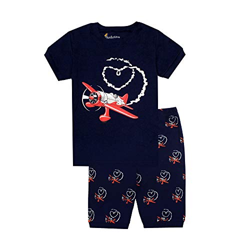 Morbuy Jungen Kurzarm Schlafanzug Zweiteiliger Kinder Sommer Pyjamas Sets, Auto Flugzeug Bagger Drucken Baumwolle Niedlich Rundhals Pyjamas Nachtwäsche mit Kurze Hose (Biplane,8T) von Morbuy