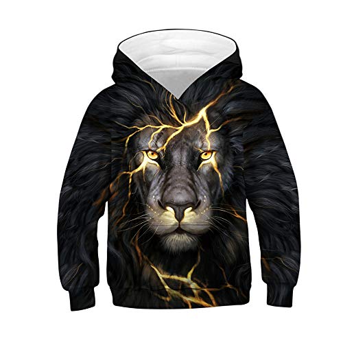 Morbuy Kinder Hoodie 3D Kapuzenpullover, Psychedelischer Löwe Unisex Mode Langarm Sweatshirt mit Kapuze mit Taschen für Jungen und Mädchen 6-14 Jahre (XS (115-120cm),Blitzlöwe) von Morbuy