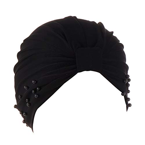 MoreChioce Damen Kopftuch Turban,Retro Perle Headwrap Frauen Kappe Muslimische Elastische Kopfbedeckung Baumwolle Bonnet Cap Indische Bandana,Schwarz Perle von MoreChioce