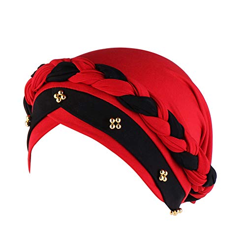 MoreChioce Damen Kopftuch Turban,Retro Perle Headwrap Frauen Kappe Muslimische Elastische Kopfbedeckung Baumwolle Bonnet Cap für Haarverlust Chemotherapie,Weinrot + Schwarz von MoreChioce