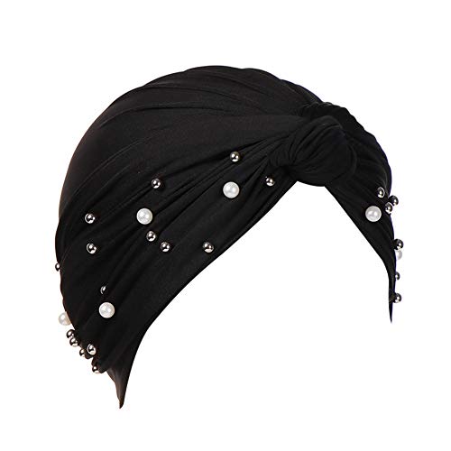 MoreChioce Damen Mode Kopftuch,Muslime Baumwolle Turban mit Perle Chemo Kopfbedeckung Frauen Headscarf Indische Schals Hijab Kopf Wraps Elastische Bonnet Cap,Schwarz Diamant von MoreChioce